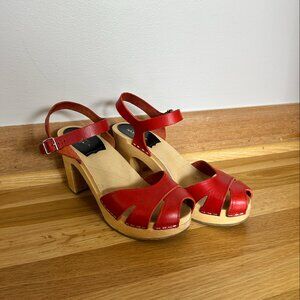 Swedish Hasbeens Red Wood Clog Heels